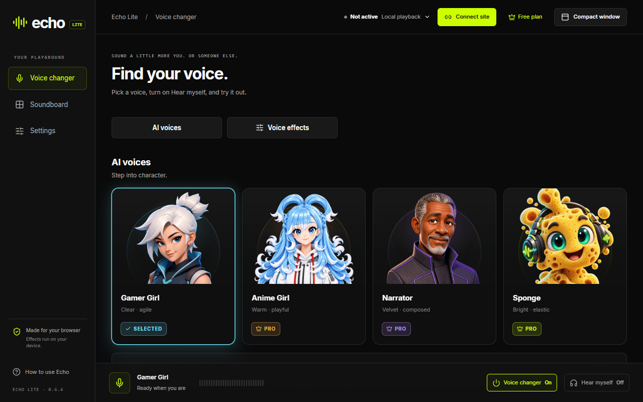 Echo Lite 0.6.4 with Gamer Girl selected, Pro AI voices, and navigation to voice effects