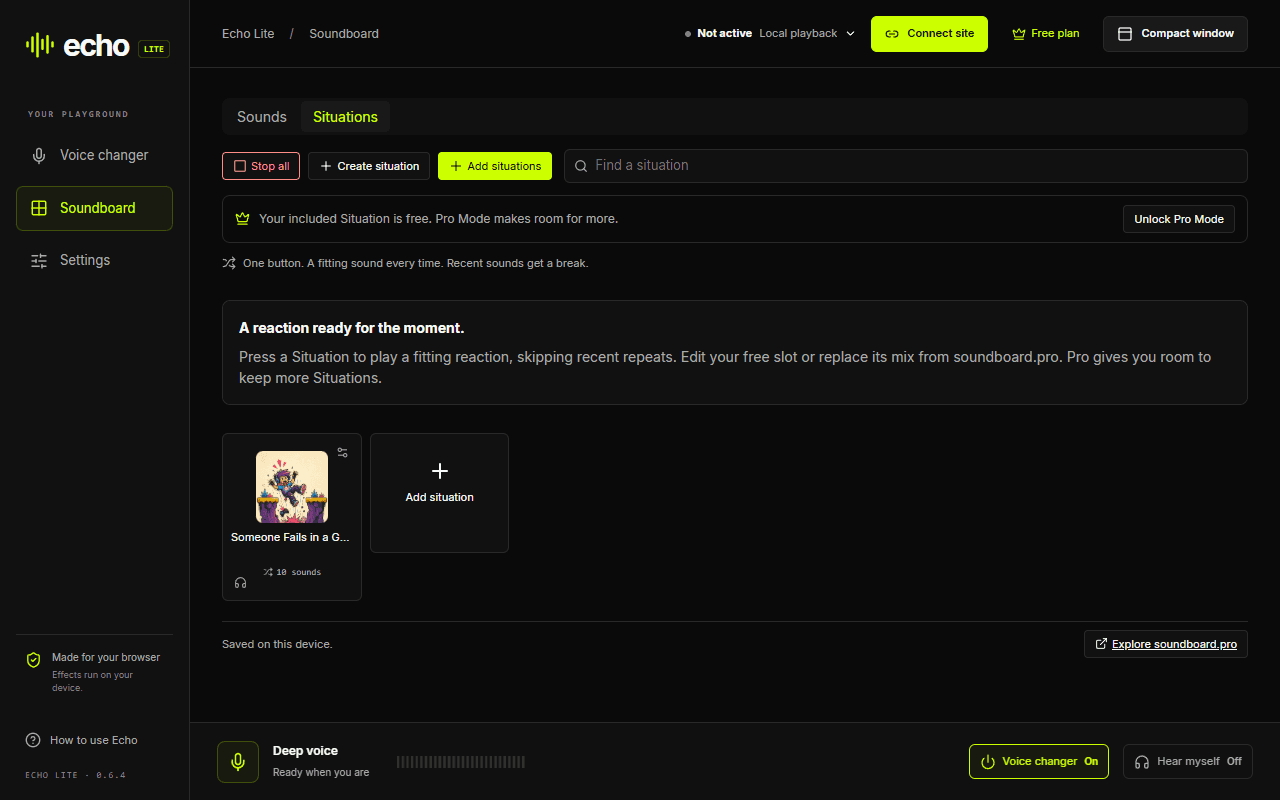 Echo Lite 0.6.4 showing the included free Situation and controls to add more with Pro