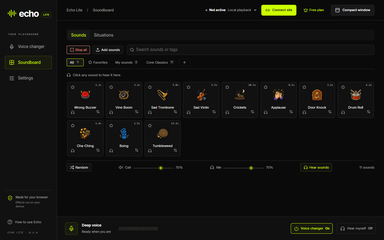 Echo Lite soundboard with custom sounds and separate call and listening volume