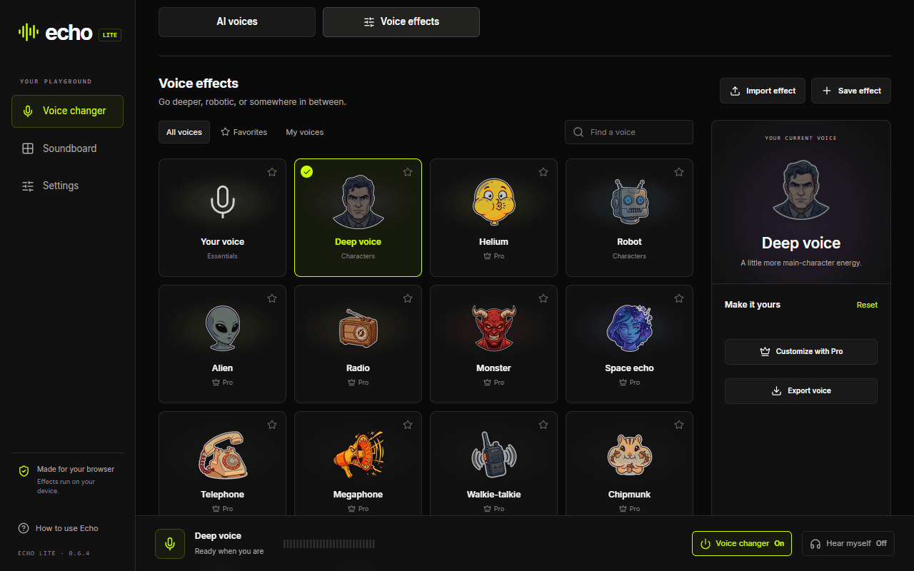 Echo Lite 0.6.4 voice effects with free Deep voice selected and paid effects marked Pro