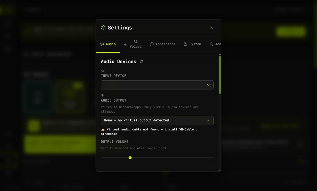 Echo Live Audio settings with microphone, output, monitor, and volume controls