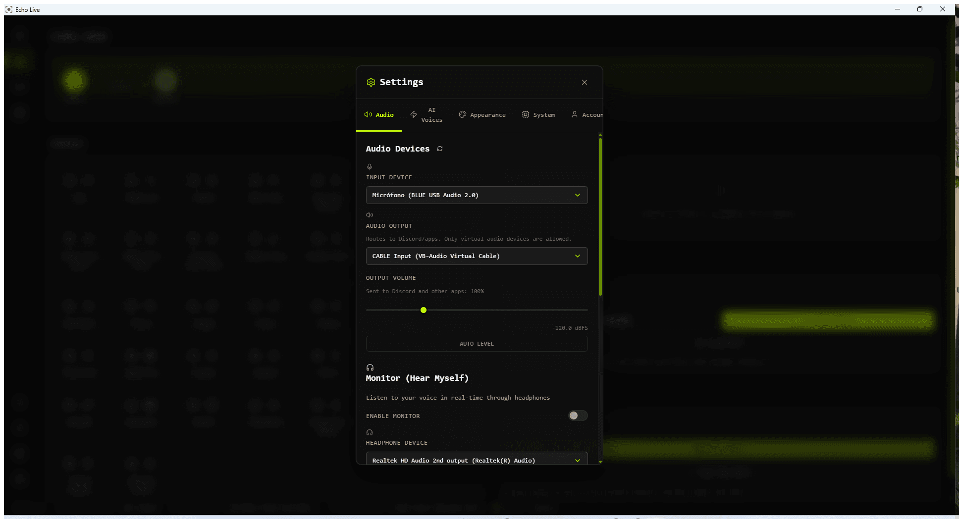 Echo Live Audio settings for microphone and output routing