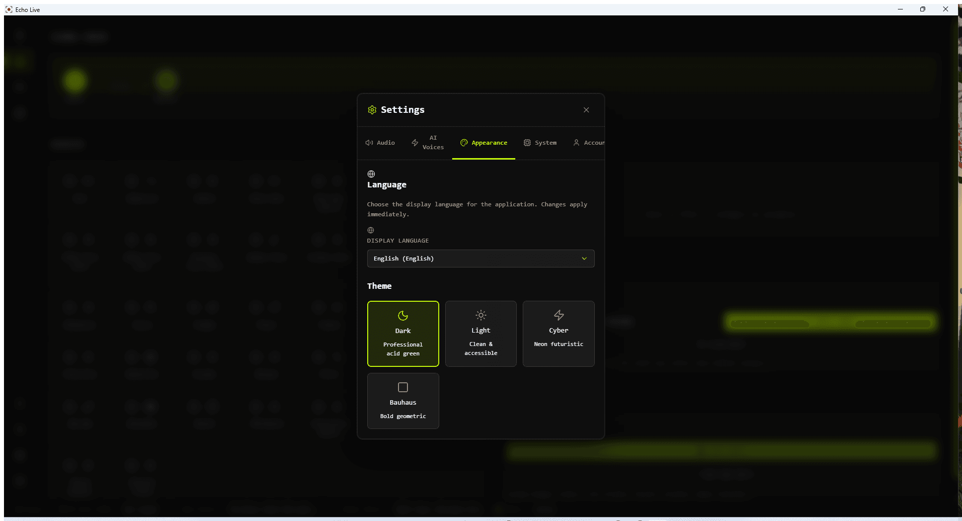 Echo Live Appearance settings with display language and theme choices