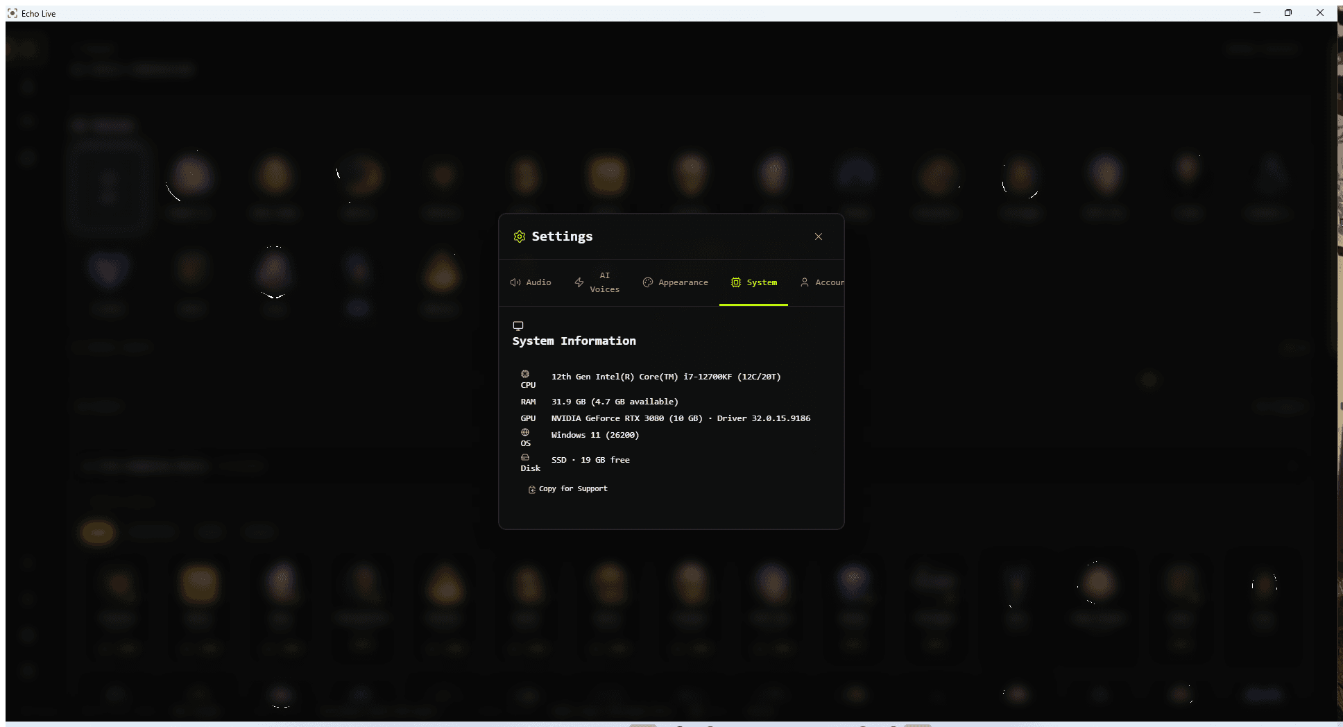 Echo Live System settings with CPU, memory, GPU, operating system, disk, and Copy for Support