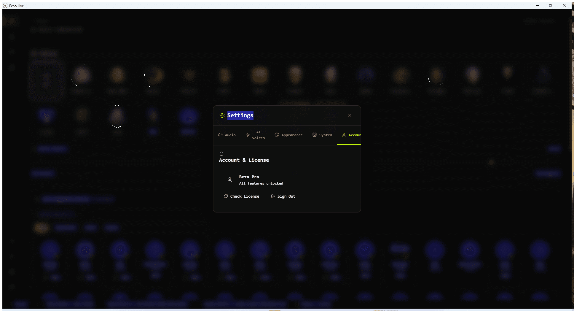 Echo Live Account settings with Beta Pro active, Check License, and Sign Out actions