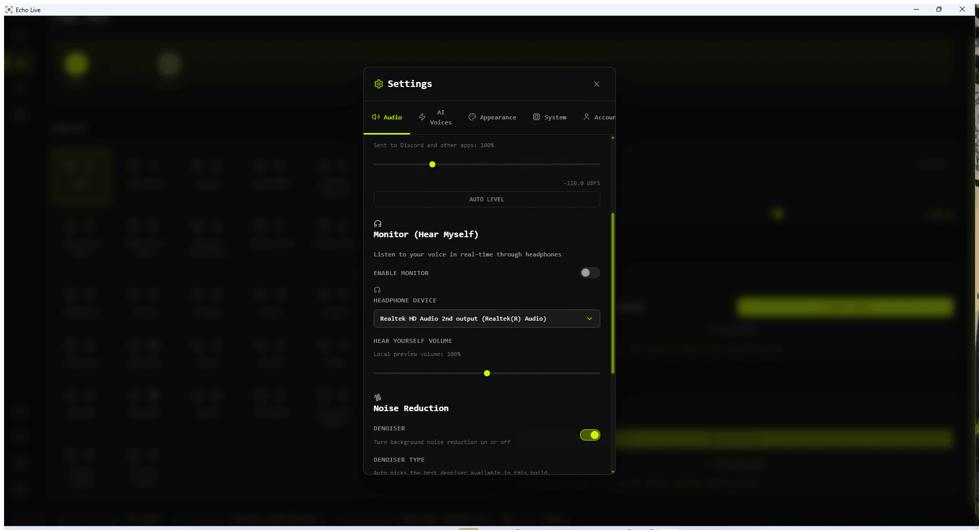Echo Live Monitor settings with headphone device and Hear Yourself volume controls