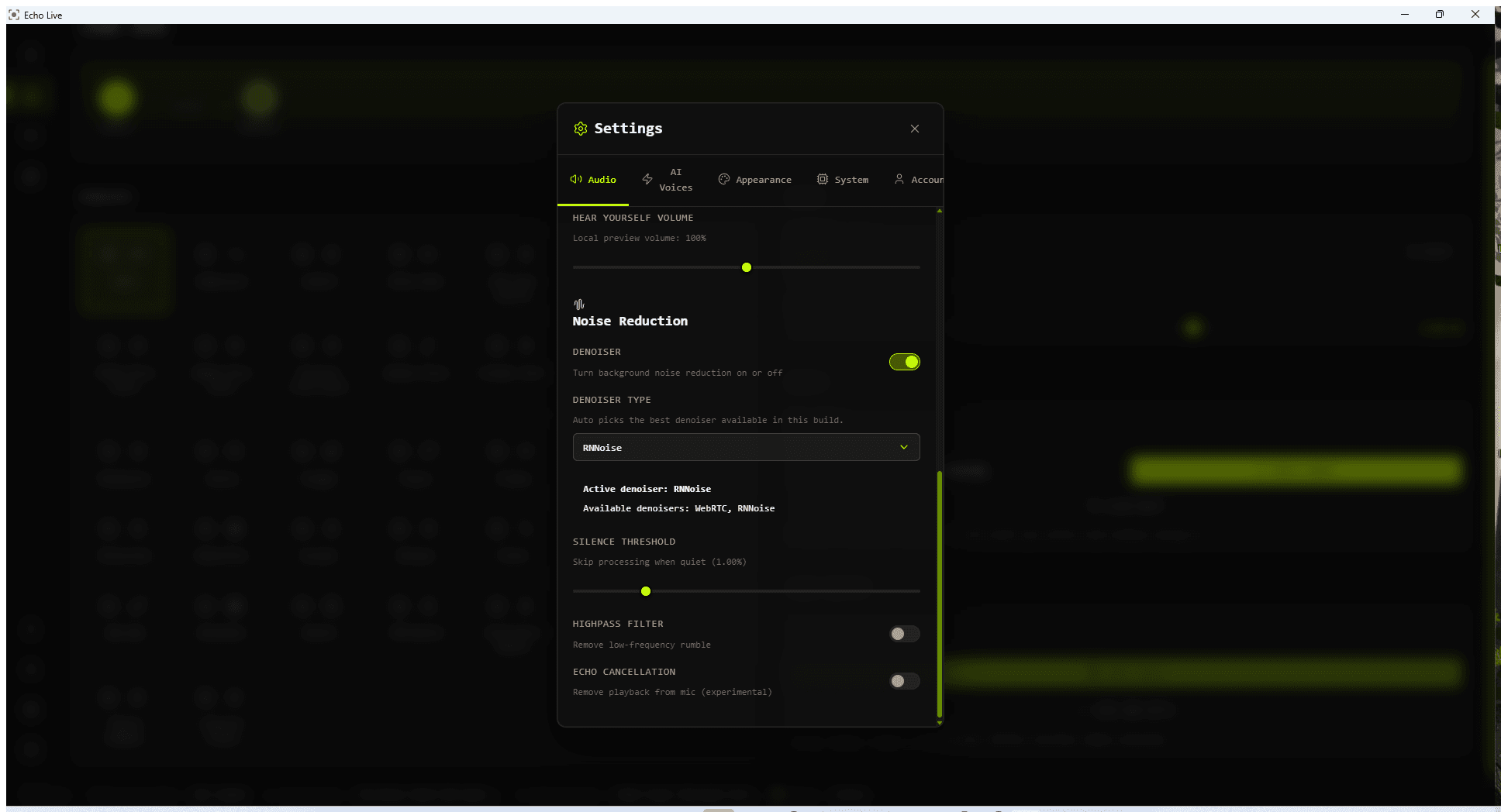 Echo Live Noise Reduction settings with RNNoise, silence threshold, highpass filter, and echo cancellation