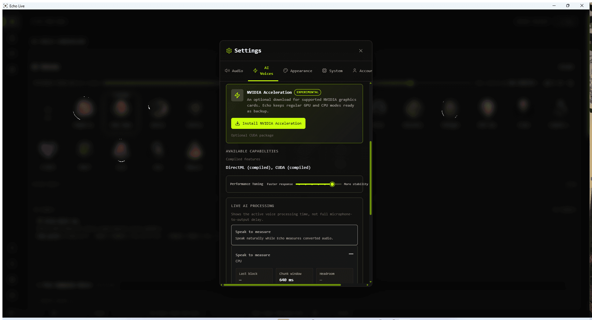 Echo Live AI performance and processing settings