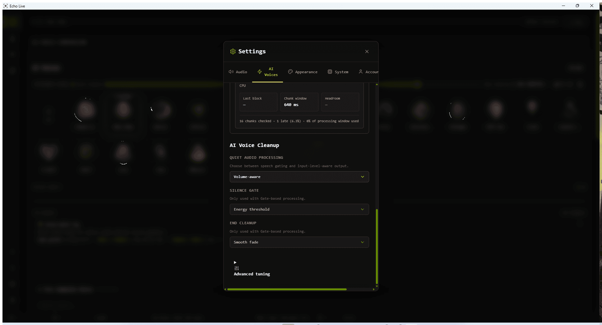 Echo Live AI Voice Cleanup settings with volume-aware processing and gate-based alternatives