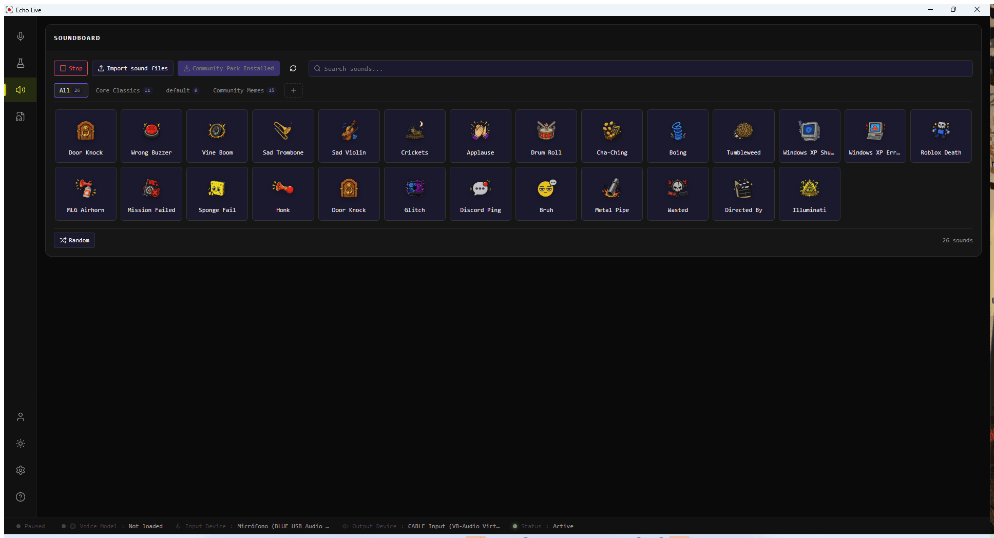 Echo Live Soundboard with boards, search, import controls, and sound tiles