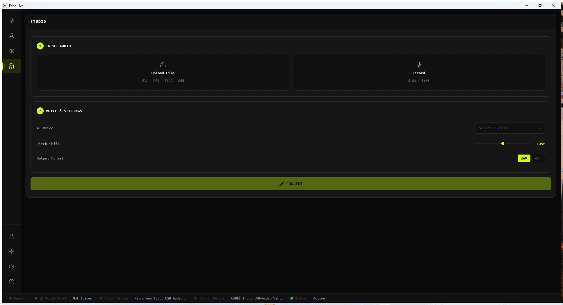 Echo Live Studio workspace for uploading or recording audio and converting it with an AI voice