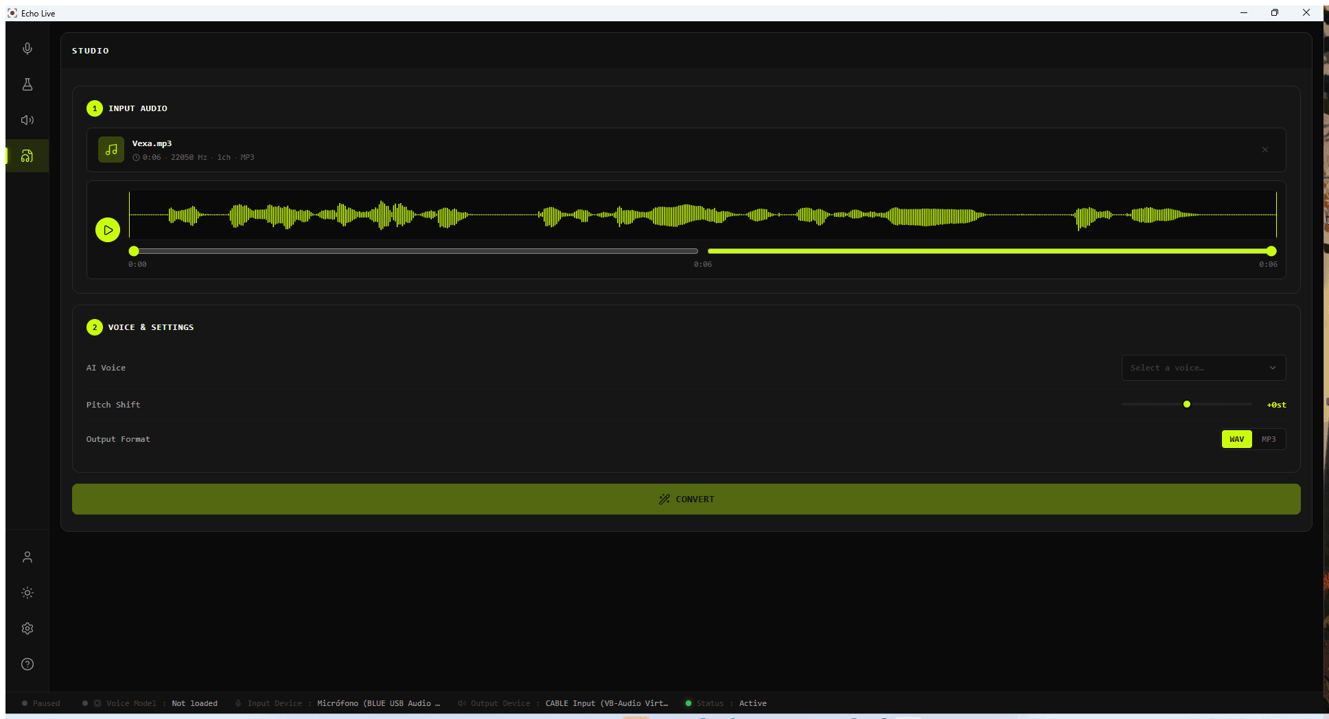 Echo Live Studio waveform and conversion workspace