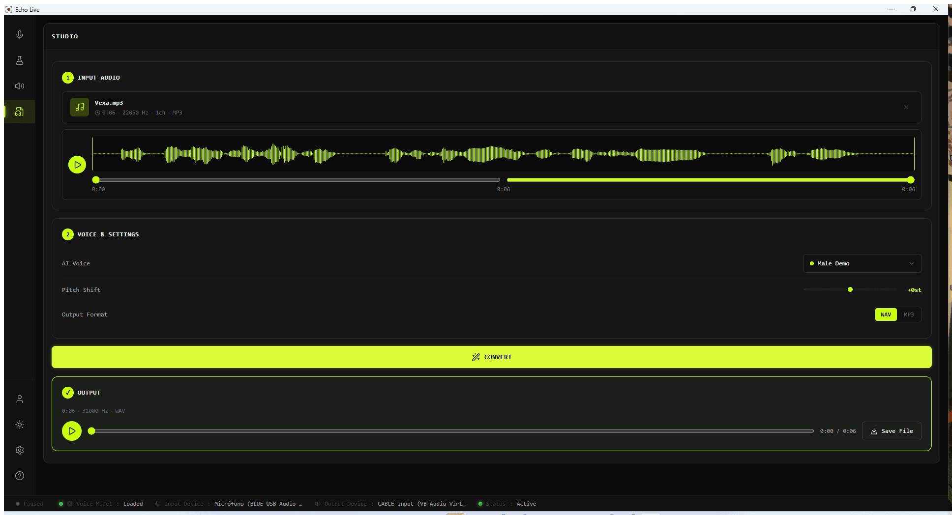 Echo Live Studio after conversion with a playable output timeline and Save File button