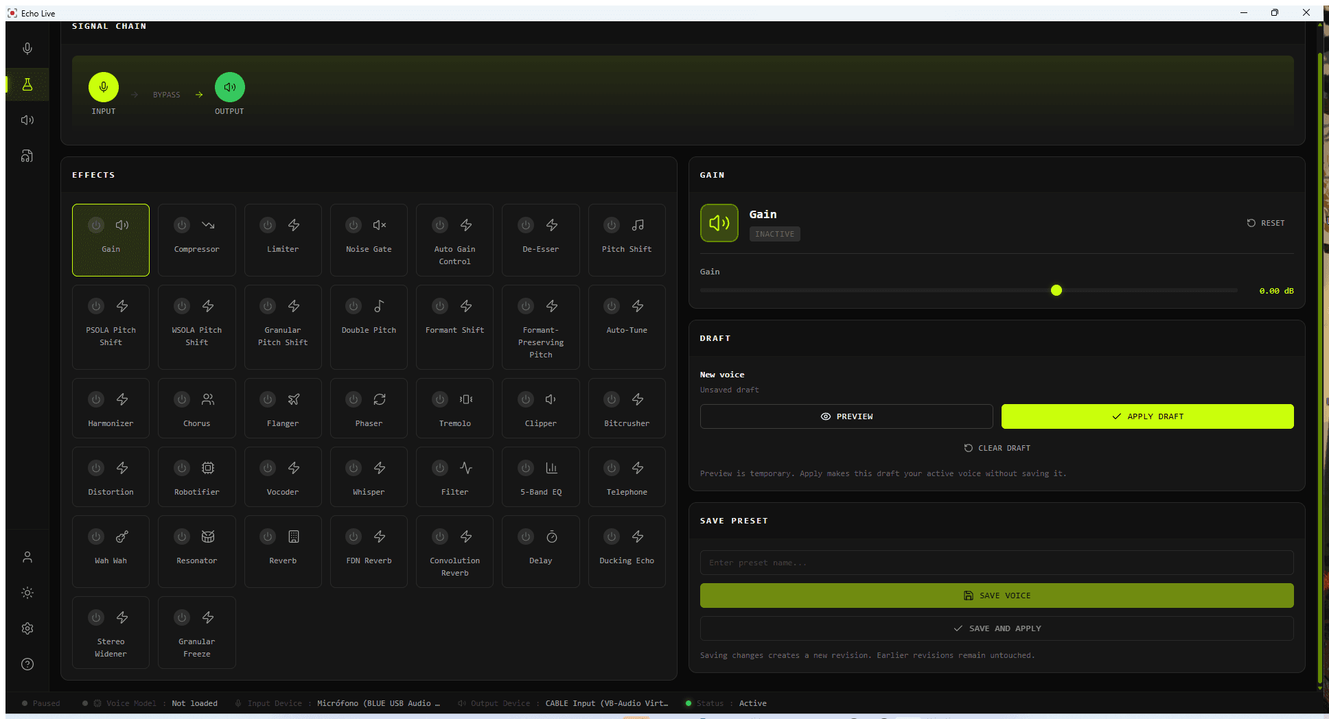 Echo Live Voice Lab with Gain selected and its parameter control visible