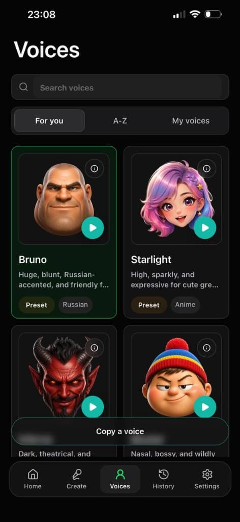 Echo AI voice changer app — Voices screen on Android